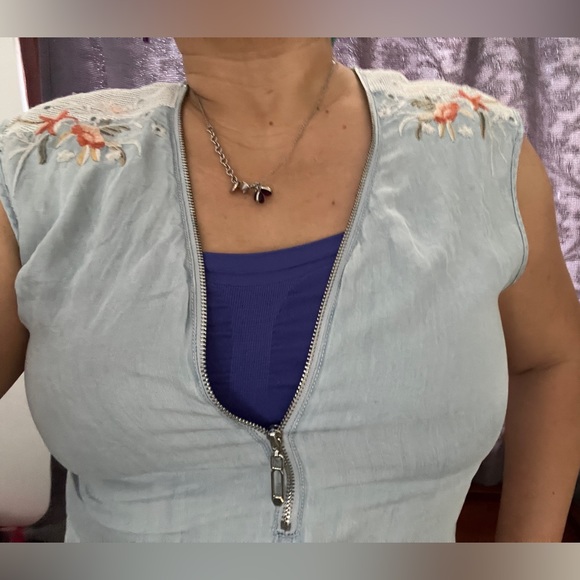 Embroidered Mesh Zip Up Short Chambray Romper Stretch Tie Up Pocket Denim Kawaii - Picture 7 of 10